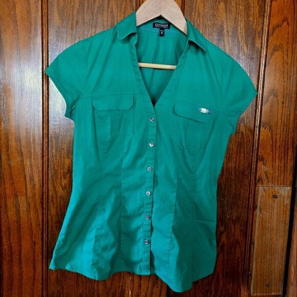 Express Essential Stretch Short Sleeve Button Down Fitted Shirt XSMALL - Picture 1 of 13